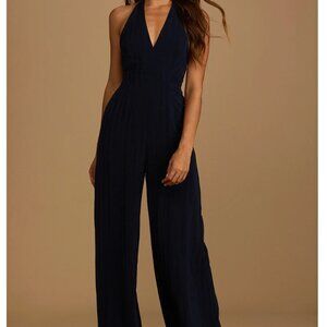She's Classy Navy Blue Striped Halter Wide-Leg Jumpsuit